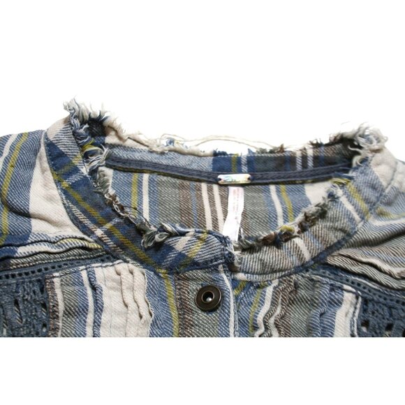Free People Womens Medium Flannel Tunic Plaid Blue Tan Oversize Raw Hem Boho - Picture 2 of 11